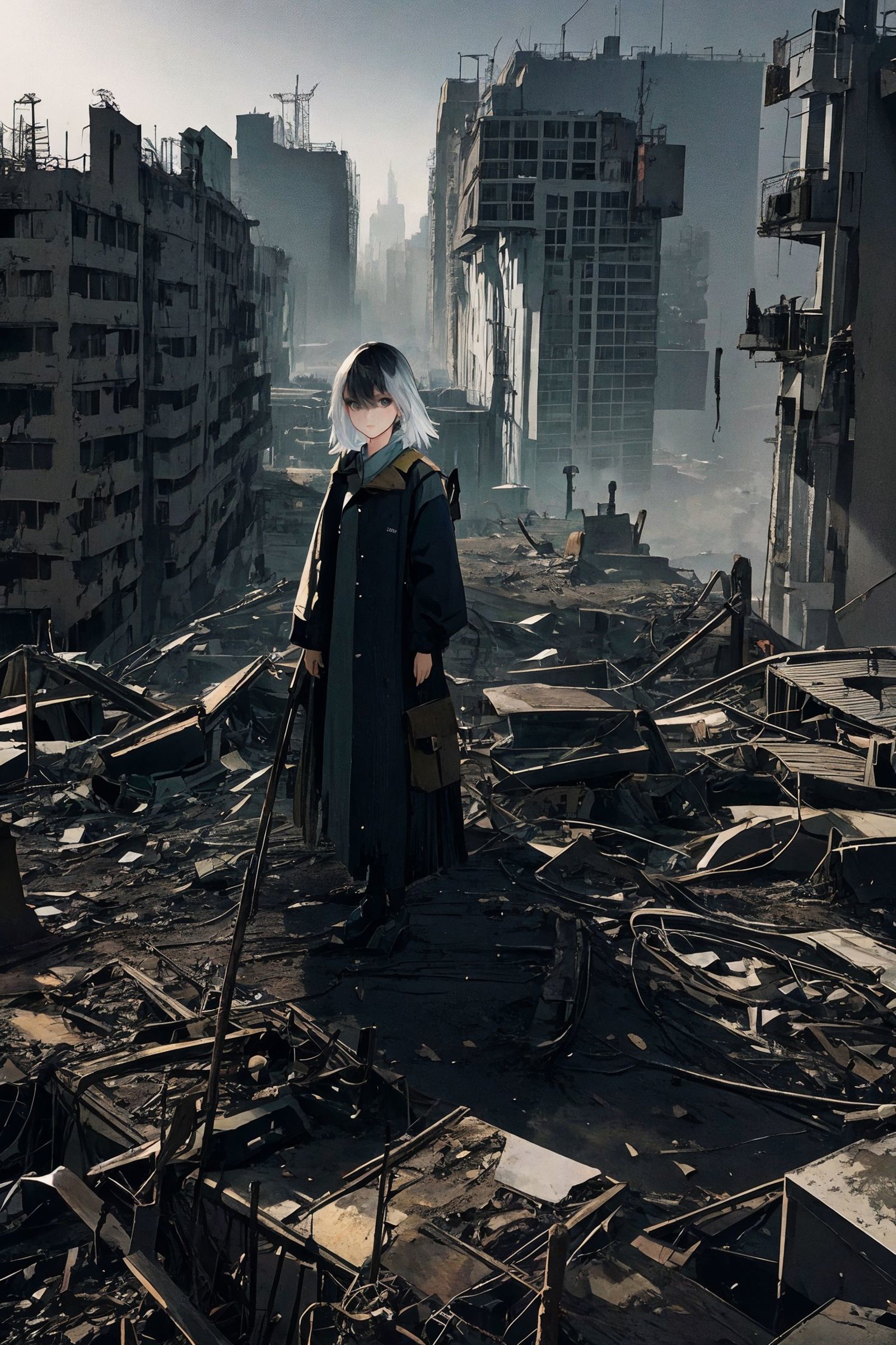 The outline of a woman,through the outline the viewer can see a sprawling post-apocalyptic city,smoky,double exposure,