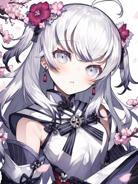 AzumaSeren,1girl,virtual youtuber,thighhighs,striped,ahoge,hair flower,white hair,bangs,two side up,detached sleeves,earrings,grey eyes,jewelry,white footwear,