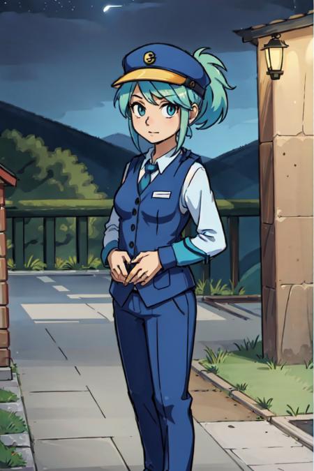 pkmnofficer,1girl,standing,medium breasts,arms at side,facing viewer,green hair,ponytail,(full body),pants,vest,blue shirt,blue hat,outdoors,at night,serious expression, <lora:PKMNOfficer-40:0.6>