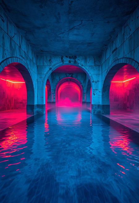 An infinite blue-tinted pool area with repeating archways, crystal-clear stagnant water reflecting neon lights, wet concrete textures, mist floating above the surface, no visible exits, distant echoes of splashing but no people, cinematic wide-angle shot, dreamlike but unsettling, backrooms poolrooms core, hyper-detailed ripples, vaporwave lighting, something submerged barely visible