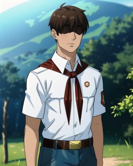 blpioneer, covered eyes, shadow on eyes, brown hair, white shirt, red badge on shirt, red bow-tied neckerchief, leather belt, blue shorts