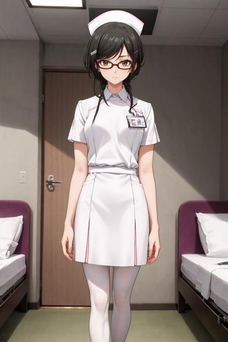 masterpiece, best quality, 1girl, solo, standing, looking at viewer, <lora:hazukishino-ch-richy-v1:1> hazukishino, white legwear, white pantyhose, glasses, nurse, nurse cap, name tag, hospital bed