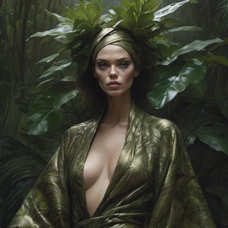 (masterpiece,best quality, ultra realistic,32k,RAW photo,detailed skin, 8k uhd, high quality:1.2), Fashion editorial style photo of a gorgeous girl in a tropical jungle, lush plants, wildlife, in the style of stefan kostic and david cronenberg, realistic, sharp focus, 8 k high definition, insanely detailed, intricate, chiaroscuro, elegant, wearing a ripped mantle and robe, face by wlop, perfect faces, symmetrical face, extremely high details, hypnotic eyes, realistic, fantasy art, solo, masterpiece, art by hermann nitsch, zdzislaw beksinski, dariusz zawadzki, giger, dragan bibin and lau and artgerm . High fashion, trendy, stylish, editorial, magazine style, professional, highly detailed