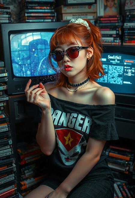DLSR photograph, slender, beautiful extremely sexy 26 year old korean model . Pale skin, 
lighting<lora:MoriiMee_Gothic_Niji_Style_FLUX:0.3500000000000001> <lora:AsirAsianPhotographyflux:0.7000000000000002>
Candid, portrait shot of a photorealistic woman surrounded by piles of VHS tapes, blowing glitter off her hand while leaning on a CRT TV playing static. She's wearing an off-shoulder Power Rangers tee, beaded choker, and sparkly star-shaped sunglasses. Her hair is half-up, scrunchie-held, bright orange ombré.
real skin, photorealistic texture, cozy retro chaos, pastel-meets-neon, analog fantasy, pop culture overload, nostalgic queen of clutter
fmlas-mk.1, mythp0rt,,