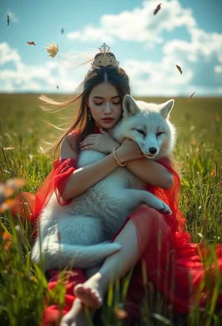 (Soft Lighting Photography by Mimoza Veliu and Mario Giacomelli:1.2), NSFW, 1 beautiful girl, hugging a white fox, in ancient Royal Chinese dress, barefoot, red sheer, (see through), gold armlet, jewelries, laying down, field, dutch angle, sunlight, wind, flying leaves, meadow, high green grass field, clouds, sexy,