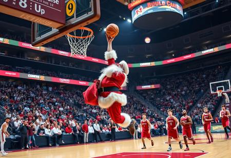 score_9, score_8_up, basketball stadium, the stands full of people cheering, basketball court, SANTA CLAUS WITH A BAG WITH GIFTS 
dunking a basketball, while a group of players watch in amazement