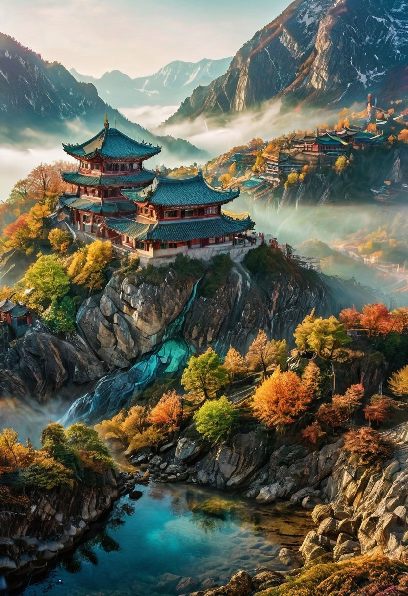 their peaks veiled in mist. mixed media, surrealism, great lighting, A surreal landscape highly detailed . extremely high-resolution details,  appears trapped in an optical illusion of reflections and refractions colorful , mountains and Korean village in Korea, professional photography, natural lighting, volumetric lighting maximalist. intricately detailed, complex, elegant, expansive, fantastical, film photography style,  medium grain