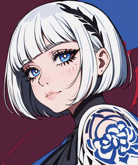 girl, white bobcut hair, Black eyeliner, Long black eyelashes,
Detailed Iris,
(Blue, red, black,:1.1)
<lora:DEEP-Ink Light:1.25> Tritone, sharp hard shadows, outlines, smudged, inked art, DEEPINK