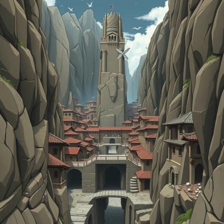 A liminal space in Iwagakure, the Hidden Stone Village, exactly as seen in Naruto. Massive rock formations rise around the village, their jagged edges worn smooth by time. The buildings, carved directly into the stone, blend seamlessly with the cliffs, their earthy tones merging with the landscape. The Tsuchikage’s tower, a monolithic structure of solid rock, stands in the center, dominating the skyline.
The village is completely empty—no shinobi, no movement, only the distant sound of wind brushing against the stone. The narrow streets, usually bustling with activity, are eerily silent. The stone bridges stretch across deep ravines, leading to doorways that open into darkness. The weight of the surrounding mountains feels oppressive, making the village seem trapped in stillness, frozen in time. Iwagakure stands strong, unchanged, yet abandoned, as if waiting for life to return.