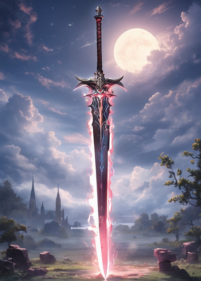 Arcana weapon, cloud, fantasy, fire, greatsword, moon, night, night sky, no humans, outdoors, planted, planted sword, scen...