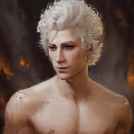 sexy  nude young muscular man, curly white hair, vampire, elf, handsome  man,  astationxl, <lora:astationxl:0.95>, oil painting , (painting:1.5), Rembrandt style