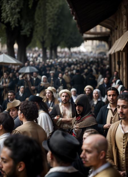 RAW photo, man, crowd, french people, (14th century France:1.2), 8k uhd, dslr, soft lighting, high quality, film grain, Fujifilm XT3