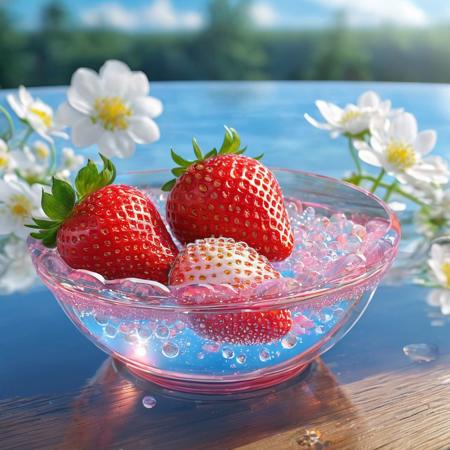 A beautiful pink red strawberry in 3D lies in a beautiful round glass in the transparent clear water, many iridescent air bubbles stick to the strawberry that glows from the inside, next to it lie delicate white and pink strawberry flowers with dew drops on a white antique wooden table, morning dew on the glass, in the background there is a bright blue sky with fluffy white clouds, professional photography, trending on artstation, breathtaking beauty, sharp focus, highly detailed