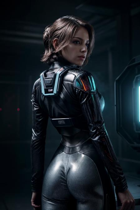"A hyper-realistic scene depicts a woman with a futuristic asymmetrical bob hairstyle, in an advanced sci-fi suit, within the dimly lit, atmospheric USG Ishimura from Dead Space. She examines a holographic map or data interface, laser pistol with blue aim-assist lasers at her side. Details of the Ishimura's design, emergency lighting, and the haunting ambiance are emphasized. Reflective surfaces of her suit, light play from the holographic display, and contrasting shadows enhance the suspense and exploration narrative. Aim for a masterpiece quality with cinematic lighting
 detailed hair,volumetric fog,high quality,intricate details,photo realistic, 8 k, cinematic lighting, atmospheric, hyperdetailed kkw-ph1
 <lora:more_details:0.7>   <lora:EizaGonzalez_smf_lora_v1:1>