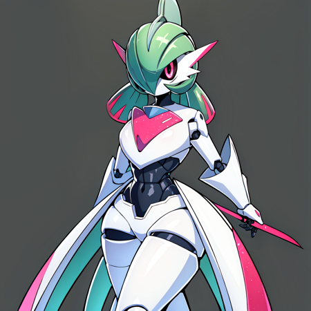 iron_valiant solo, pokemon (creature), green hair, colored skin, white skin, arm blade, pink eyes, weapon, red eyes, robot, two-tone skin, no mouth, hair over one eye, colored sclera, short hair, bob cut, humanoid robot, joints, mechanization, robot joints, breasts,