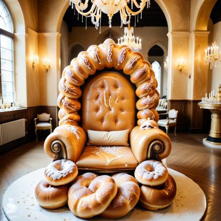 a throne room sculpted from oversized buns, throne armrests shaped like braided challah, floor made from compressed sweet bread crumbs, chandeliers dripping with honey glaze, scent of warm dough filling the golden-lit space, Buns