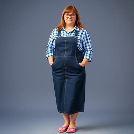 full body shot of a chubby adult woman with long straight bangs, glasses, a blue gingham button down shirt and a dark denim overall dress, and pink flip flops cottage-core style blog post