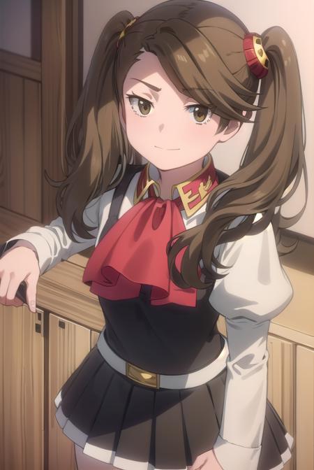 kaorukosazaki, <lora:kaoruko sazaki s2-lora-nochekaiser:1>, 
kaoruko sazaki, long hair, brown hair, hair ornament, twintails, (swept bangs:1.5), (brown eyes:1.5), smirk,
BREAK skirt, pantyhose, belt, white pantyhose, high-waist skirt, puffy sleeves, long sleeves, ascot, red ascot, black skirt,
BREAK indoors, classroom,
BREAK looking at viewer, (cowboy shot:1.5),
BREAK <lyco:GoodHands-beta2:1>, (masterpiece:1.2), best quality, high resolution, unity 8k wallpaper, (illustration:0.8), (beautiful detailed eyes:1.6), extremely detailed face, perfect lighting, extremely detailed CG, (perfect hands, perfect anatomy),