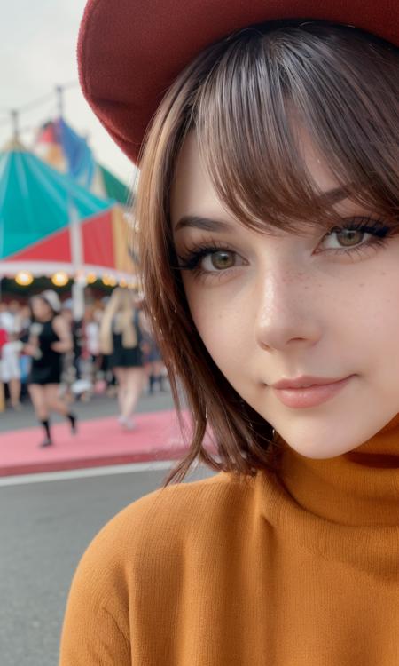 meggii2023, 1 girl, brown hair, uhd, best quality, masterpiece, turtleneck, walking in carnival, 5 fingers, closeup,dark hair, full body,