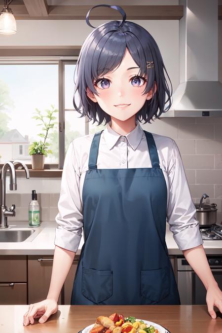 masterpiece, best quality, cowboy shot, smile, komachi hikigaya, short hair, ahoge, hairclip, shirt, apron, indoors, house, kitchen, <lora:komachi_hikigaya_v2:0.9>