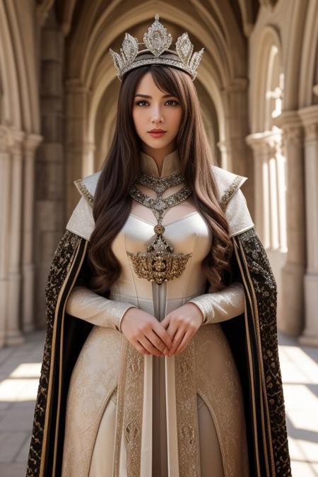 (medieval  queen in full height),((realistic)), Textured hair cut, (Wide-spread arms expressing openness), HDR, (crown), ((diamonds)), medieval architecture with high detail, clear focus, dramatic complex scene, impeccable composition, seductive pose, insanely attractive, clear eyes, clear facial features, seductive realistic textures, sensual subdued light, soft shadows, SLR camera, 8k, 4k, ultra realistic