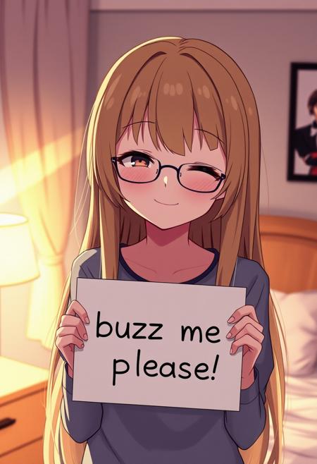 1girl, anime girl holding a sign with text "buzz me please", solo, long hair, expressive eyes, dark eyeshadow, detailed skin,
detailed face, perfect face, closed eyes, long hair, shy smile, blonde hair, glasses, casual clothes, bedroom,
illustration, perfect composition, dramatic lighting, film grain, highly dramatic background, cinematic film still,
very aesthetic, (intricate details, (incredibly detailed), high detail, ultra-detailed), (hyperdetailed), (soft focus:1.1),
absurdres, (hires textures), (4k), (masterpiece, best quality)