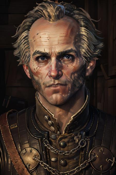 (masterpiece, top quality, best quality, official art, detailed:1.2), <lora:regisW3:0.75>, emielregisW3, solo, looking at viewer, short hair, male focus, parted lips, scar, portrait, realistic, grey hair, black eyes