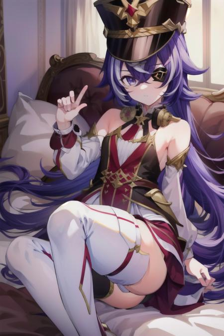 chevreuse bare_shoulders eyepatch gloves pantyhose purple_hair white_thighhighs thigh_boots shako_cap