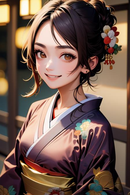 (mature female, women, 28yo, (small breasts:1.2), upper body, black hair,smile, brown eyes :1.1), (beautiful embroidery kimono:1.3), 1girl, japanese clothes, simple background, looking at viewer,(depth of field,blurry background, bokeh:1.3),