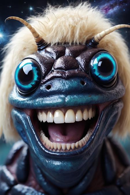 portrait of a beetle monster, human smile, human teeth,galaxy eyes, lips, blonde fur on head