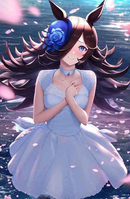 <lora:RiceShower:0.8>, (rice shower \(umamusume\)),(falling petals),(wedding_dress),(wind),cinematic lighting,in spring,detailed beautiful water,walking,hand on own chest,light blush,tachi-e,looking at viewer,{happy}