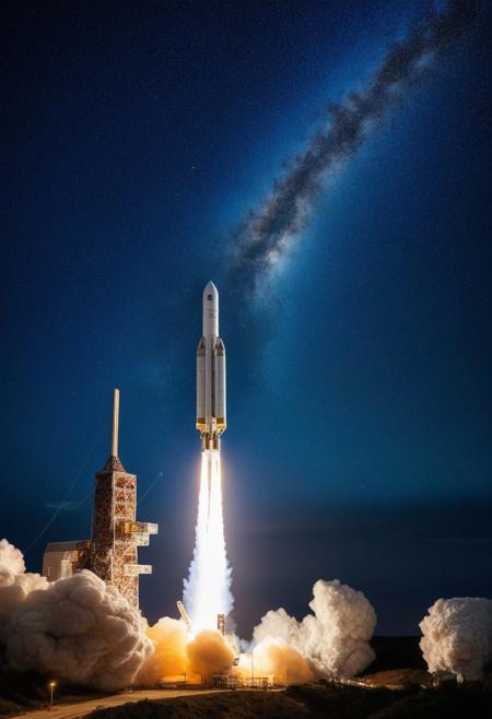 European Ariane rocket, starry night sky background and view of the surface of planet Earth