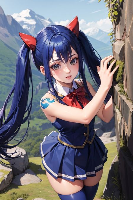 wendy_marvell, blue hair, thighhighs, skirt, dress, bow, tattoo, ribbon, twintails