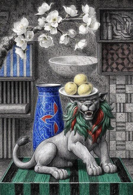Pencil drawing, Generate a digital painting of a still life scene inspired by Korean folk art. The central focus should be a tall vase with a complex geometric pattern in blue and red, resting on a surface with green and black stripes. Next to the vase, show a seated mythical dog or lion-like creature with a grey coat, a colorful mane (red, green, and possibly other colors), and a fierce expression. Above and slightly behind the vase, present a shallow, round dish filled with three textured, pale yellow or white citrus fruits. A branch of a flowering tree, bearing light-colored blossoms, should enter the frame from the upper left. The background should consist of stylized shelves or architectural details with various patterns, including stripes, grids, and meanders, in a palette of blues, reds, greens, and black. The overall style should evoke the decorative and symbolic nature of Chaekgeori paintings.