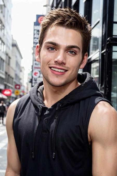 ((masterpiece)), ((best quality:1.2)), High Resolution, 8k, (ultra_realistic:1.3), (photorealistic:1.4), (instagram model, handsome:1.2), sharp focus, a photo of (Dylan Sprayberry, dylansprayberrykm), wearing sleeveless hoodie, new york city, urban place, outdoors, daytime, grinning, smooth facial expression, ((looking at viewer)), <lora:DylanSprayberryKM_16_v2:0.8>