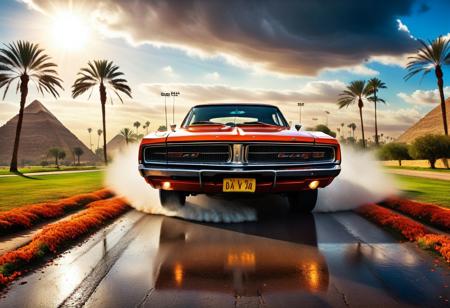 cinematic photo of dodge Charger 1968, magnificent three pyramids of Giza appear clearly, charm, highly detailed car, Professional lighting, full of life, Lively and energetic, 8K, rays of sun flow beyond heavy clouds, HDR, Fast & Furious movie, motion blur, moving tires, Cinematic Shot, Cinematic Lighting, amazing world, pure perfection, Need For Speed, wide angle exterior background, drifting, wet asphalt road, autumn leaves, grass, flowers, jasmine flowers, palm trees, nebula horizon.