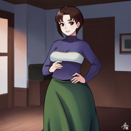 haruka_hikari, mature female, brown hair, brown eyes, short hair, green skirt, long skirt, purple shirt, long sleeves