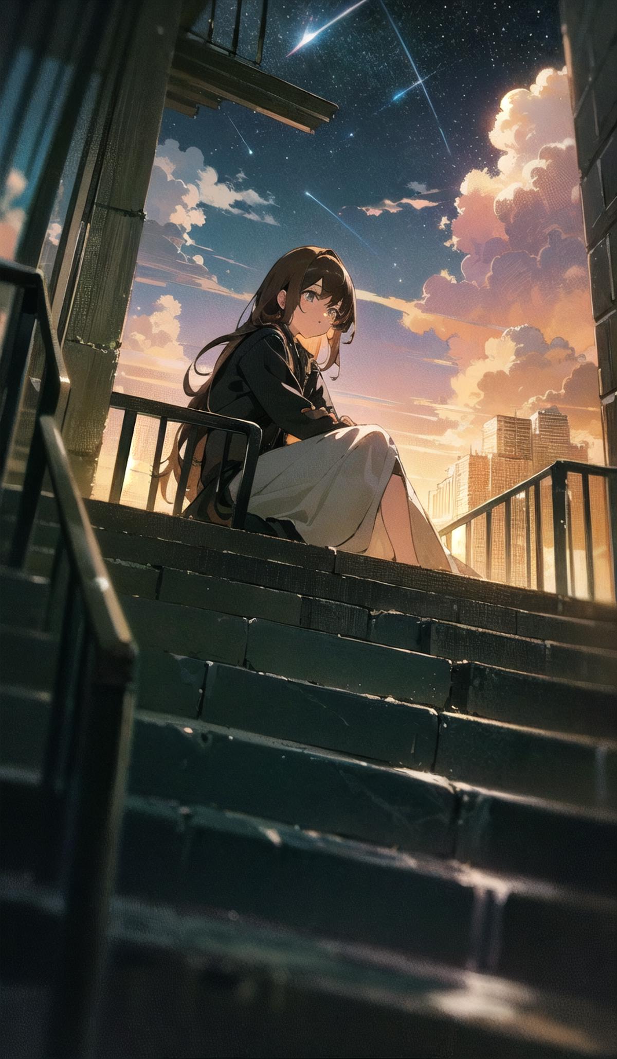 A girl sitting on a stairway with her legs crossed, looking at the cityscape.