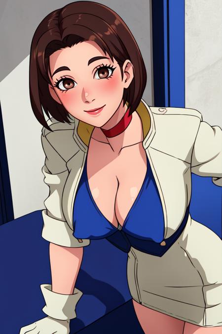 Alice.brown hair,short hair,brown eyes,cleavage, blush, covered nipples, 
choker,white, cropped jacket,jacket,gloves,skirt,
 upper body, smile,  leaning forward,  from above, 
hospital room. 
 (insanely detailed, beautiful detailed face, masterpiece, best quality) 
 <lora:Alice:0.7>