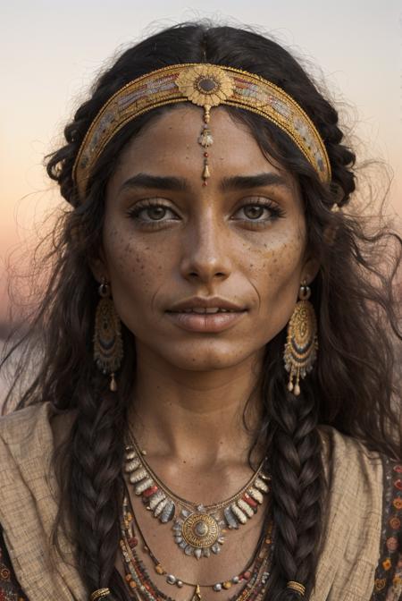 emotional photo of dancing  gypsy  woman Deidre in rugged ornamental clothes, vintage headband, dark suntanned skin, long messy hair, native ethnic gold necklace, face, perfect teeth, 8k uhd, high quality,  film grain, looking at viewer, portrait, (skin pores:1.2), (moles:0.8), (imperfect skin:1.1), intricate details, goosebumps, flawless face, ((photorealistic):1.1), (raw, 8k:1.2), hyper realistic, HDR, cinematic, dark, muted colors, atmosphere, ((macro lens)), after dusk
 <lora:entropy-alpha:0.19>