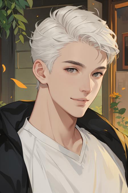 masterpiece, best quality, realistic, 1man, mature male, tall muscular, handsome, smile, closed mouth, portrait, extremely detailed face, (short hair), (white hair)