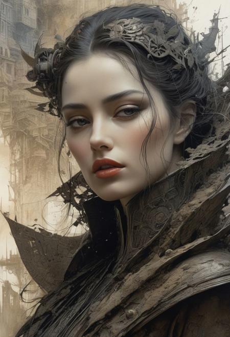 Close-up of Maria from the metropolis, decadence, heavy texture, reflecting the idea of dirt or grime, incorporating a dusting effect, blurred or scratched out fonts, pen and colored ink, pencil sketch masterpiece, in the style of Beksinski, Luis Royo, Wojtek Ziudmak, voluminous shadows, intricate mechanical details, hyper-realistic textures