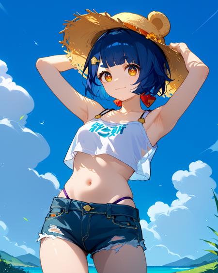 blue_hair short_hair hair_between_eyes brow_braid hair_ornament small_breasts  braided_bows golden_eyes xiangling_shana