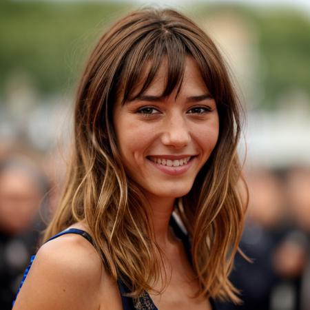 1girl, solo, doriatillier, portrait, looking at the viewer, focus on face, long hair, brown hair, beautiful, smiling, <lora:Doria_Tillier:1>