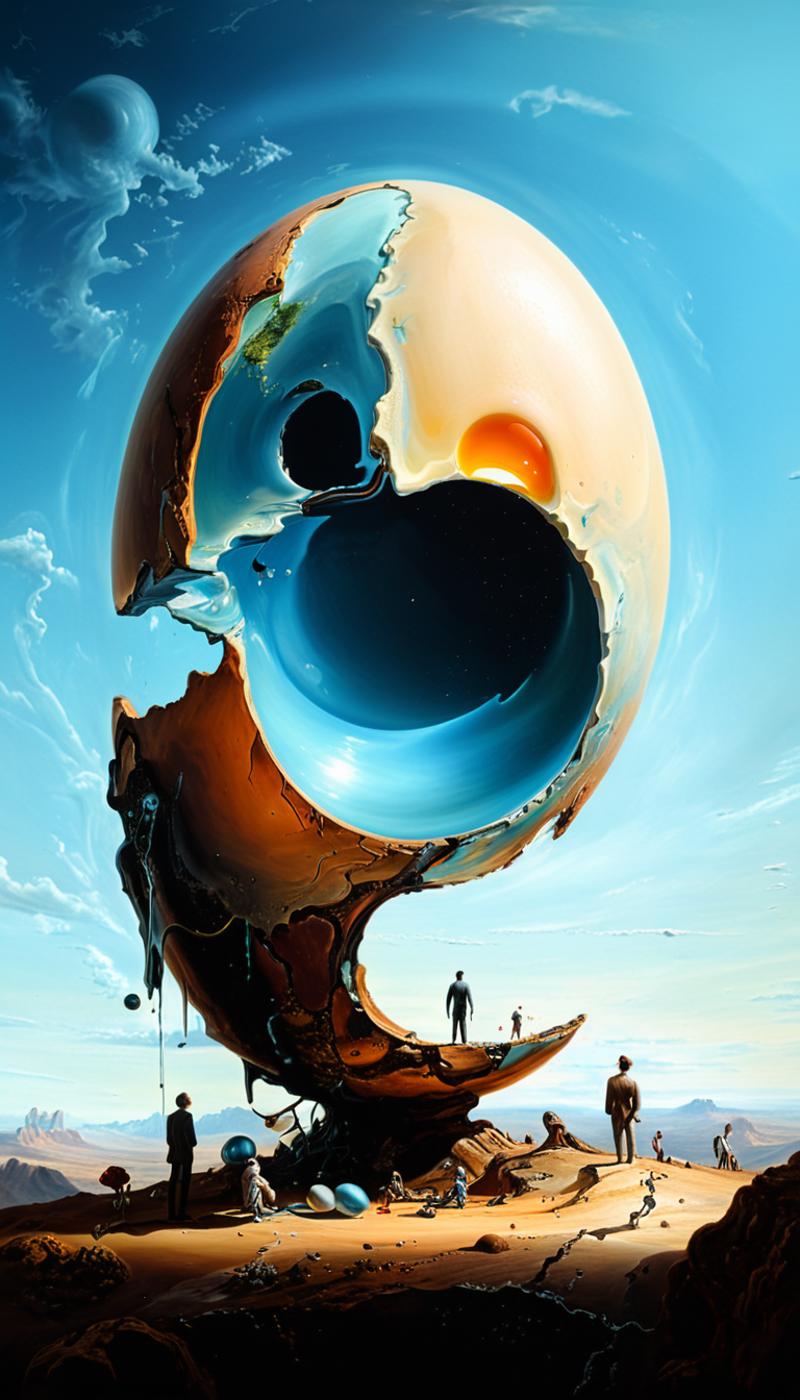 A Fantastical Artwork of a Giant Egg with a World Inside, Three People Standing Underneath
