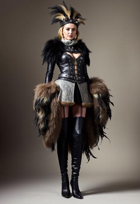 Sharon Ehman,  Jean Paul Gaultier fashion costume, fur, feathers, metal, leather, damask fabric, top soft light, fabric light colors, tall boots, highly detailed, melancholic