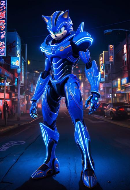 A captivating conceptual art piece that masterfully blends elements of ukiyo-e, anime, and dark fantasy. The central figure is a futuristic, anime-style Sonic the Hedgehog, fully transformed in a dazzling neon blue robotic armor. The intricate design of his robot suit is adorned with glowing accents, enhancing the vibrant neon color scheme. Sonic stands proudly amidst a bustling futuristic city, where neon lights illuminate the skyline and graffiti-covered walls add a touch of urban grit. The background reveals a blend of traditional ukiyo-e and modern anime aesthetics, creating a stunning visual contrast. The overall atmosphere is cinematic and evocative, drawing the viewer into Sonic's world of high-speed adventure and danger., anime, illustration, vibrant, 3d render, photo, cinematic, dark fantasy, graffiti, ukiyo-e, painting, conceptual art