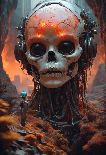 (style of Josh Kirby,style of John Harris,style of Mike Winkelmann,style of Jean Giraud,style of Angus McKie),award winning, dark night, dimly lit, low light, 
cinema_stil,(from_below:1.5),wide shot, EdobHorrorLandscape,Super wide Angle and large format,fantasy,ban,opal render,
(1girl traveling with a giant robot, sitting on shoulder of robot, walking on a surreal desert with alien sporophytes plants, looking up to a giant skull in the mountains, The skull should be seamlessly integrated into the landscape), ethereal and mystical atmosphere, Sunlight should filter through the canopy above, highlighting the tranquil and otherworldly quality of the scene, beautiful reflection, backdrop is the neon glowing storm of cosmic dust in the shape of a giant skull), holographic skull in the horizon, mysterious skull horrendous tower raising to the moon in the background, 
(colored_desert_light_blue_perlwhite,colored_cosmic_dust_fire_red_perlwhite,colored_astronaut_indianred,colored_alien_sporophytes_plants_dark_grey_perlwhite),(acid_green_perlwhite_grease),
Hyper-detailed,Insane Details,Intricate Details,Super-Resolution,Megapixels,Strong Shadows<lora:EdobHorrorLandscape_XL_v1.0:0.8>,acidzlime<lora:acidzlime:0.4>,Cel Shading,Hypermaximalist,Super Detailed,Hyperrealism<lora:InkArtXL_1.2:0.5><lora:DD-pnte-neg-v1:-1.5><lora:MJ52:0.5>,