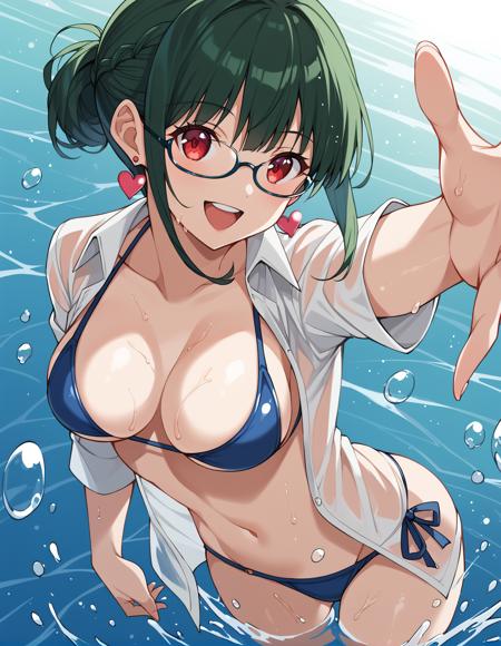 anosillus_ii, 1girl, red eyes, sanpaku, dark green hair, short hair, low tied hair, french braid, sidelocks heart earrings, glasses, pant suit, black jaket, open jacket, white shirt, shirt tucked in, lanyard, black belt, black pants