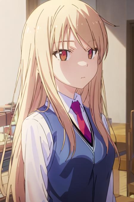 best quality, masterpiece, highres, solo, {shiina_mashiro_sakurasounopetnakanojo:1.15}, blonde_hair, long_hair, red_eyes, brown_eyes